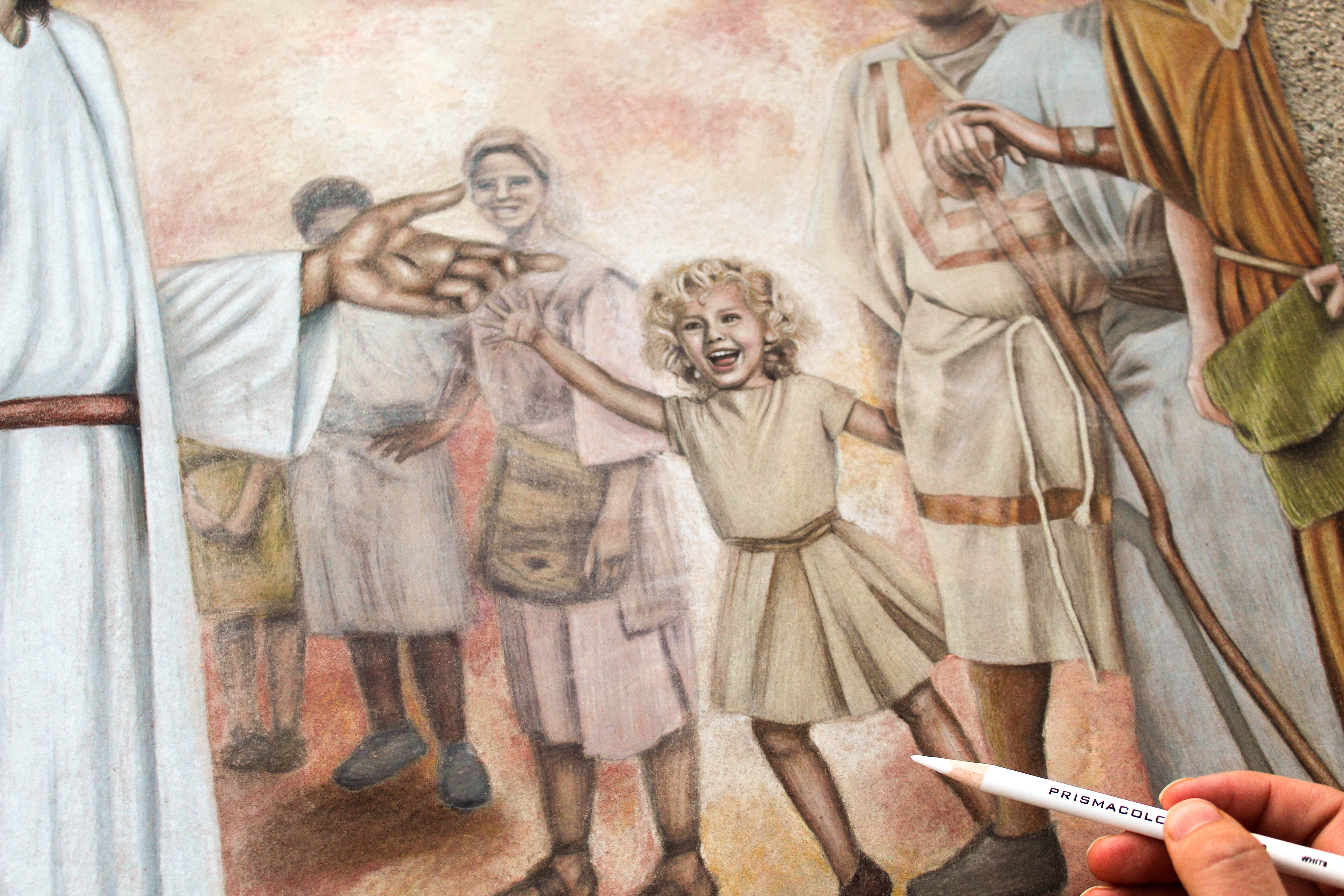 Detailed sacred artwork of children in warm earth tones