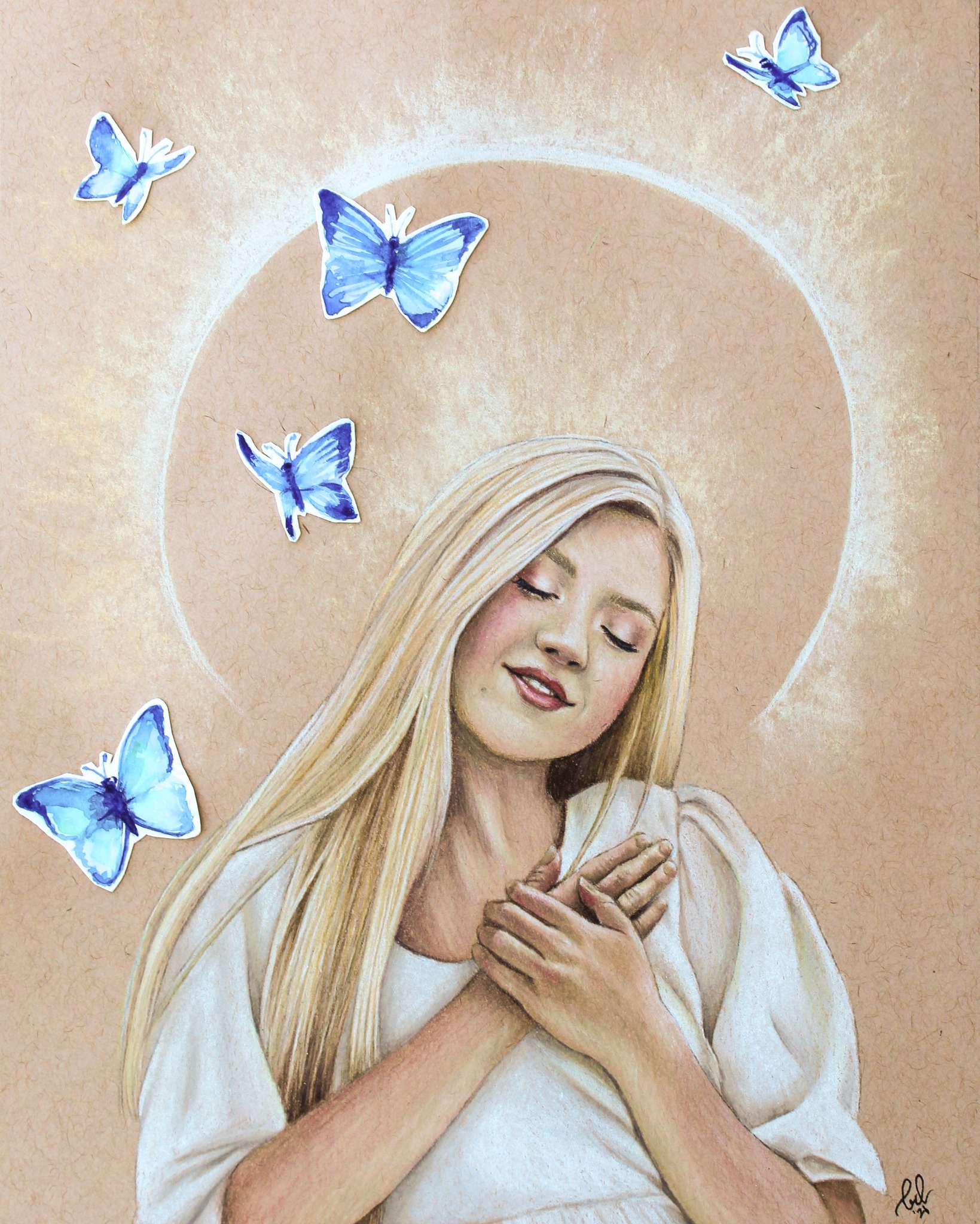 Intuitive portrait with blue butterflies