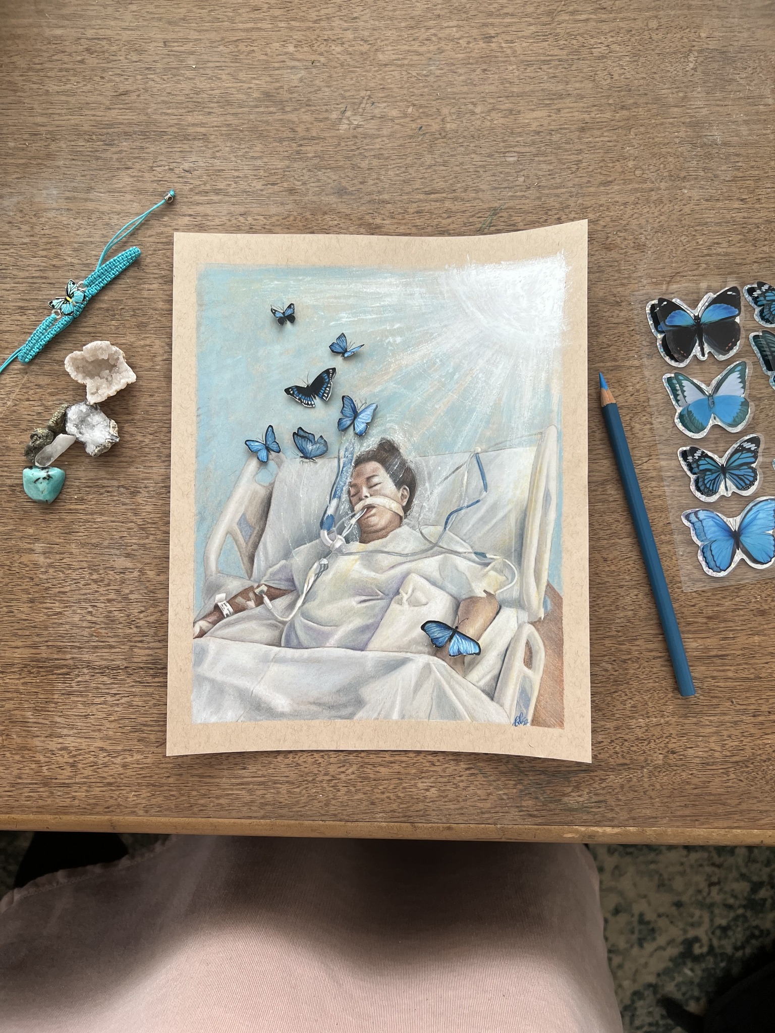 Healing portrait with blue butterflies and light